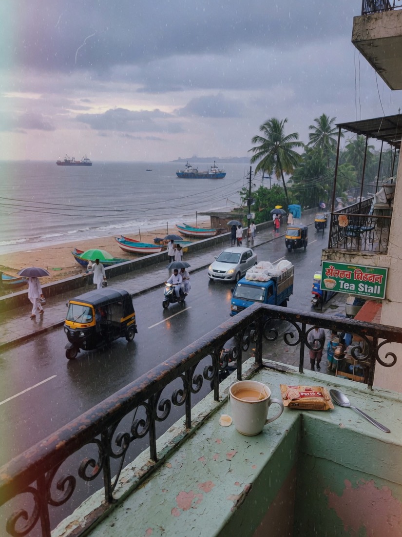 A Mumbai street under monsoon rain